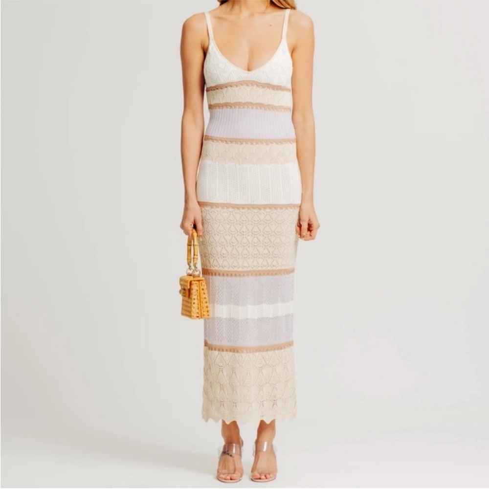 Torn by Ronny Kobo Adriana Crochet Knit Maxi Dress Striped Tan Size Medium